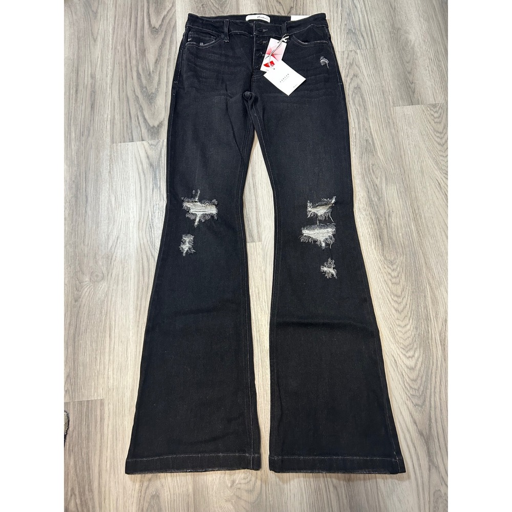 Kancan Mid Rise Distressed Flare Button Fly Denim Jeans 11 29 Black Ripped